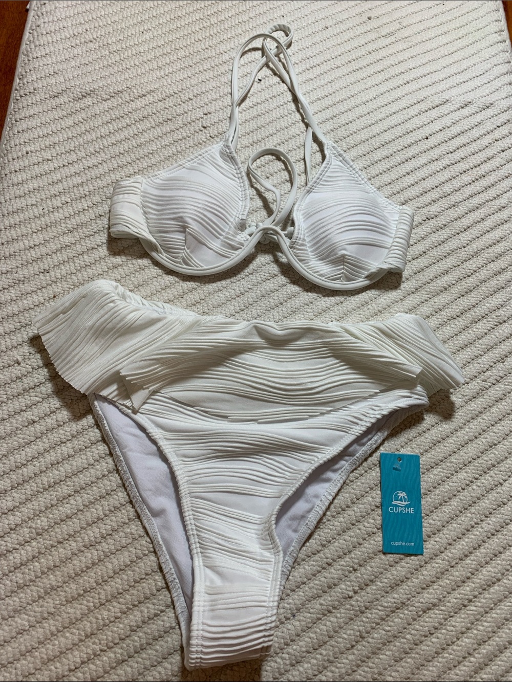 NWT Cupshe Cream Ribbed Ruffle Two-Piece Bikini, size S
